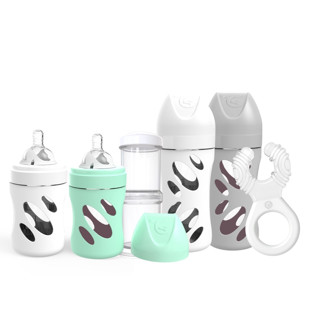 Pack 4 white/grey/green Twistshake Cristal Bottles, dispenser and teether