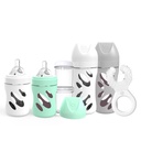 Pack 4 white/grey/green Twistshake Cristal Bottles, dispenser and teether