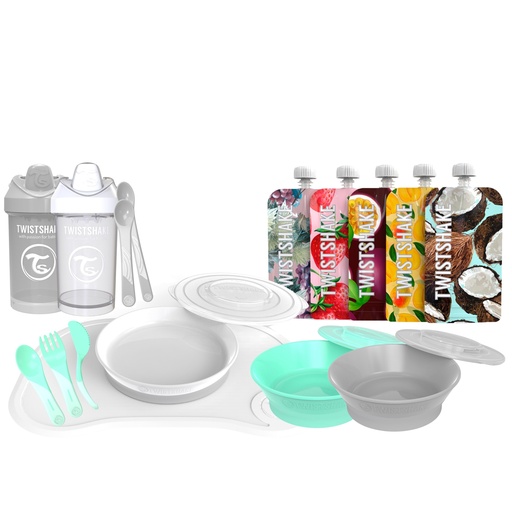 [79001] Twistshake feeding pack, Click-Mat with plate, bowl, divided plate, 2 spoons, cutlery, learning cutlery, 2 glasses with nozzle and 5 feeding bags