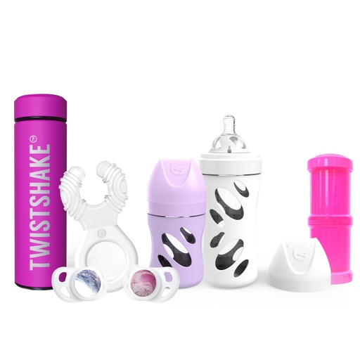 [79005] Pack 2 Cristal bottles Twistshake, thermos, 2 soothers white/pink/purple, dispenser and teether